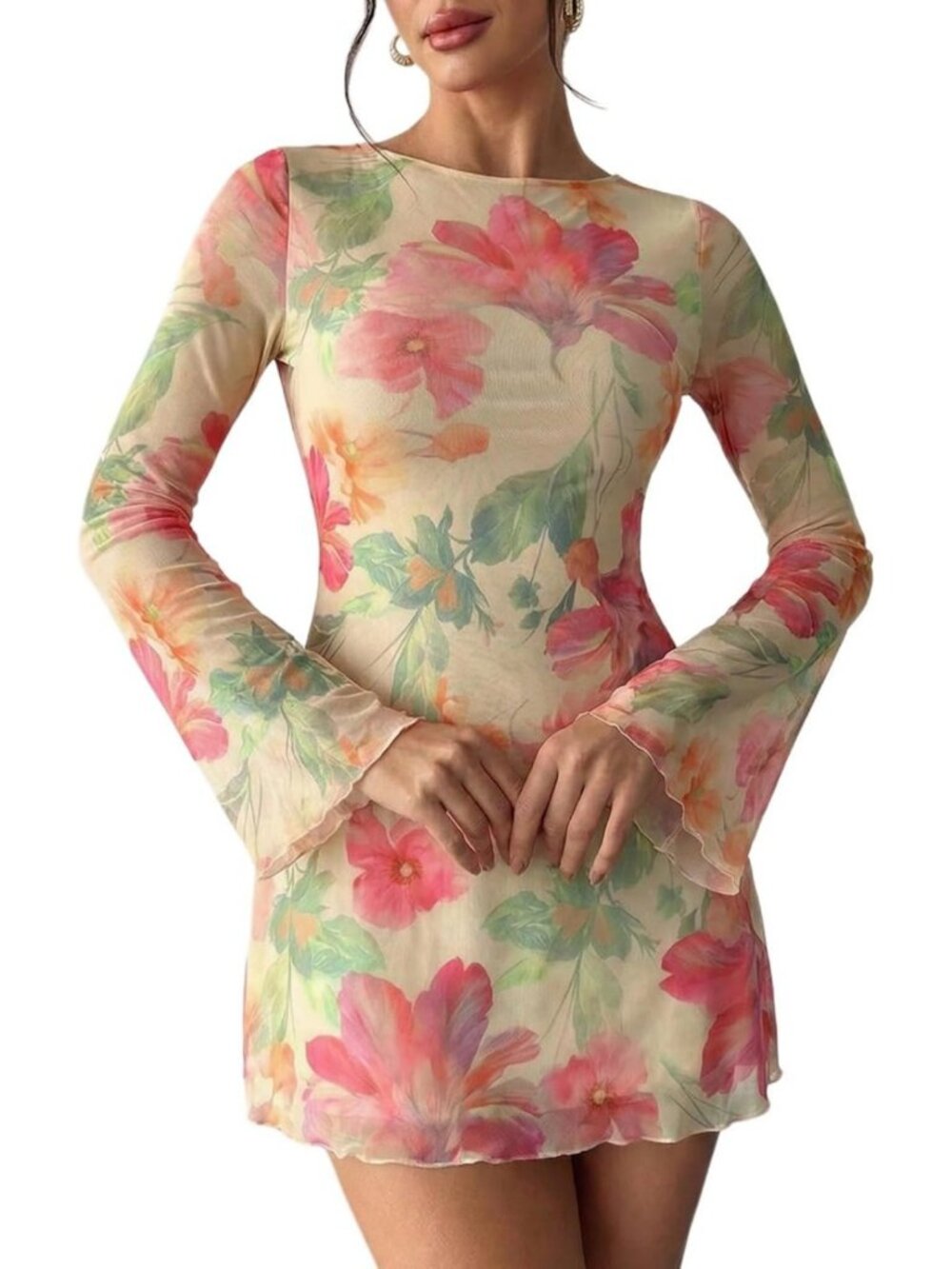 Floral Long Sleeve Mini Dress for Women | 70s Style Going Out Dress